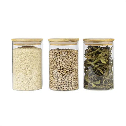 Kit 3 Potes De Condimentos Mantimentos Alimentos De Vidro Com Tampa Hermética De Bambu Organizadores Cozinha Restaurantes