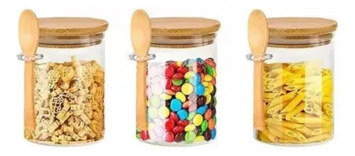 Kit 3 Potes De Vidro Com Tampa E Colher De Bambu Cor Transparente