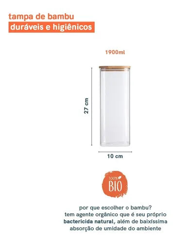 Pote De Mantimentos Quadrado 1900ml Tampa Bambu - Oikos Cor Marrom