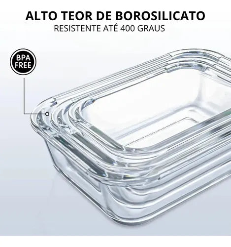 Yab - Kit 5 Potes De Vidro Marmita C/ Tampa Hermético 640ml Retangular 4 Travas Borossilicato Alimentos Micro-ondas Freezer Geladeira