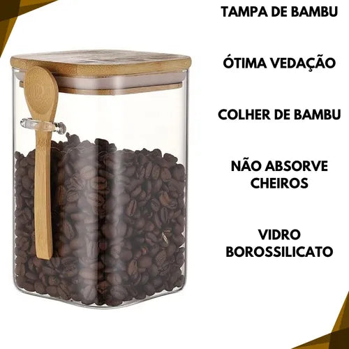 Kit 3 Potes De Vidro Tampa E Colher De Bambu Transparente