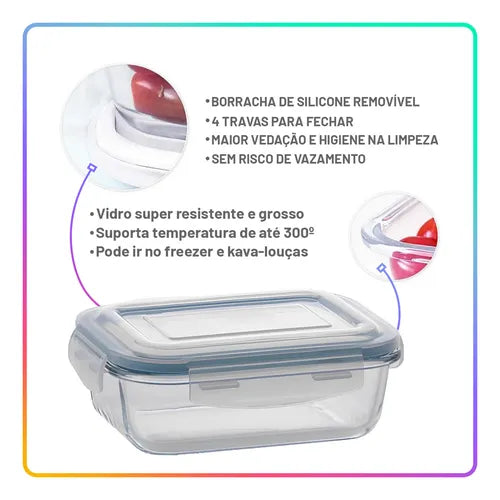 Pote De Vidro Hermético 3 640ml Empilháveis Com Tampa