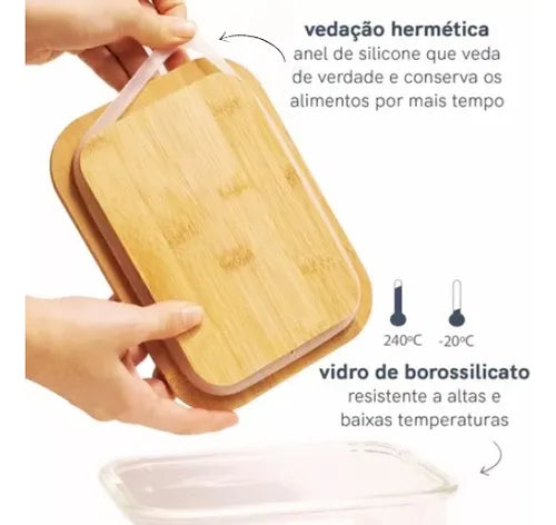 Pote De Vidro Tampa Bambu Retangular Hermético 1520ml