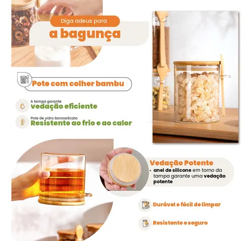 Kit 3 Pote De Vidro Com Tampa Bambu E Colher 450ml Redondo