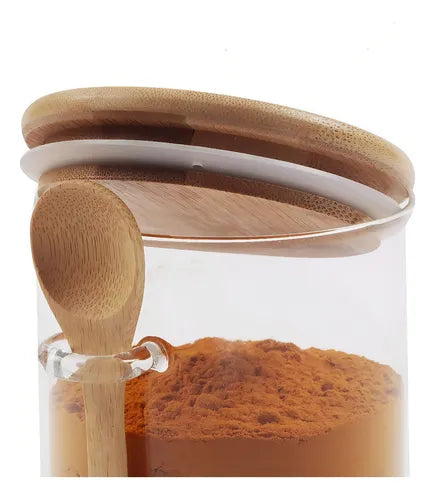 Pote Hermético Vidro Com Tampa E Colher Bambu 760 Ml cor marron