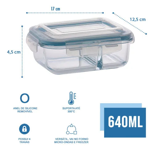 Jogo Com 2 Potes 640ml Divisória Hermético Marmita Microondas Vidrio Quality House / Univendas