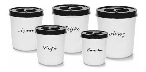 Kit Porta Mantimentos 5 Potes Redondo Porta Arroz Feijão Cor Preto