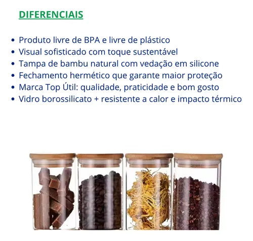 Pote Vidro Hermetico Tampa Bambu 1200ml Premium Cereal Graos