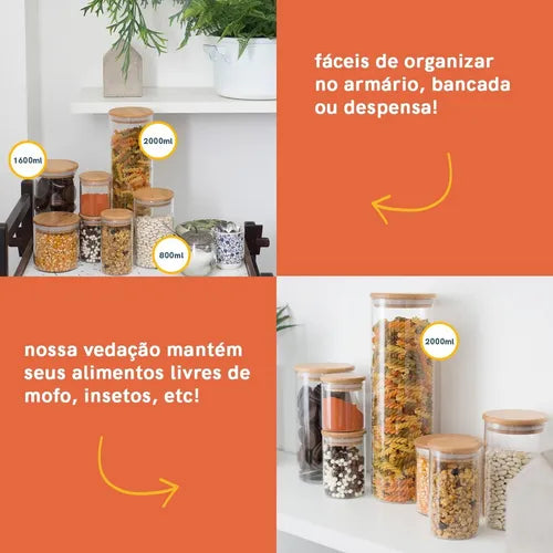 Potes De Vidro Pra Mantimentos Com Tampa Bambu Oikos COZ01557 5 Pçs Cor Marrom-claro