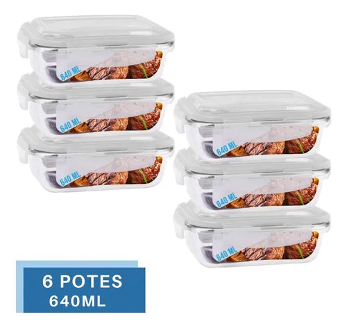 Kit 6 Potes Vidro 640ml (vai Ao Forno, Microondas) Retangular Com Tampa