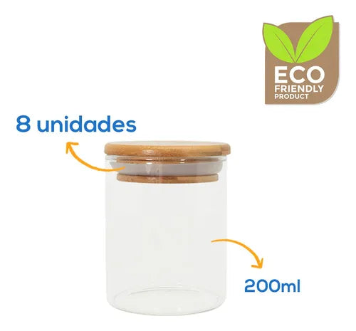 Kit 8 Potes De Vidro Porta Mantimento Tampa De Bambu 200ml