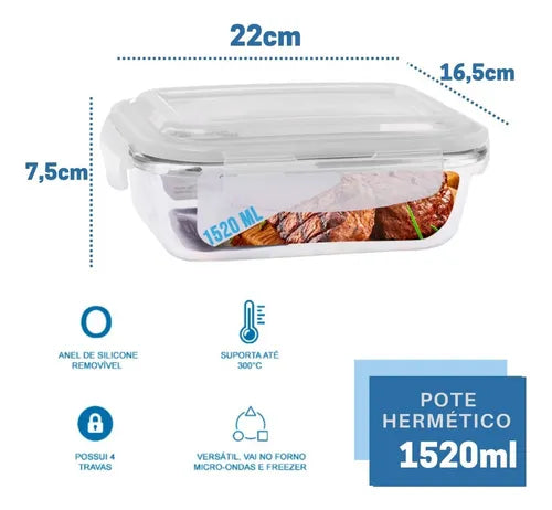 Pote Vidro 1520ml (vai Ao Forno, Microondas)retan C/tampa