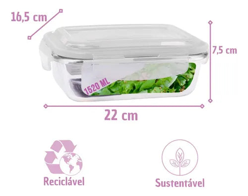 4 Pote Vidro Hermética Marmita Tampa Silicone 1520ml 4 Trava