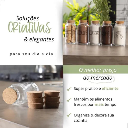 Kit 5 Potes Médios De Vidro 810 Ml Com Tampa Cortiça Cor Transparente