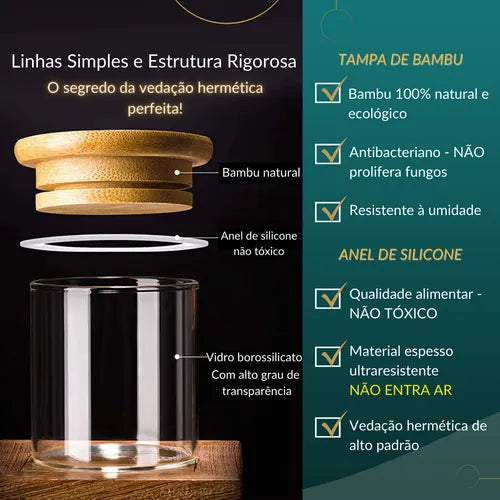 Potes De Vidro Com Tampa De Bambu Pote Hermético Bambu 9unid