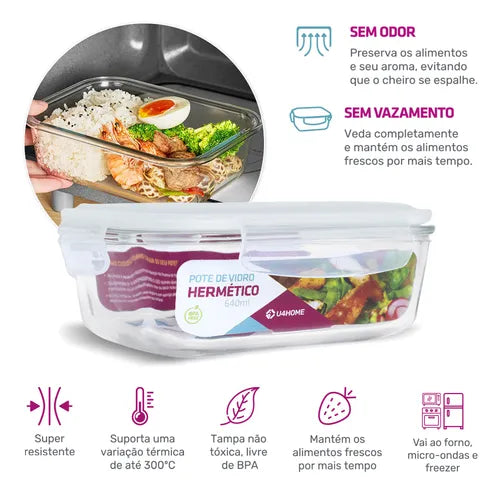 U4home Conjunto 3 Pote Vidro Hermético Marmita Tampa Plástico 640ml Cor Branco