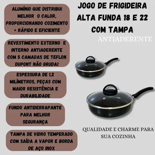Frigideira Alta Funda 18cm E 22cm Com T Vidro Antiaderente