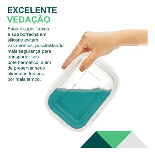 2 Potes Vidro Marmita Tampa Hermética 4 Travas Vedação 800ml Cor Verde