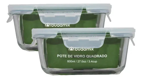 2 Potes Vidro Marmita Tampa Hermética 4 Travas Vedação 800ml Cor Verde