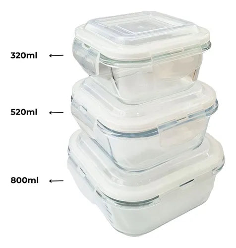 Kit 3x Pote De Vidro Hermético C/ Tampa 320ml 520ml E 800ml Cor Branco