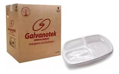 Kit 100 Bandeja Marmita + Tampa 3 Divisória 850ml Galvanotek