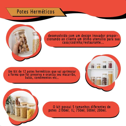 Kit 4 Potes Organizadores Vidro Tampa Bambu Hermética 500ml
