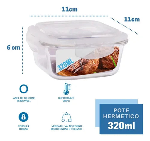 Conjunto 4 Potes Vidro 320ml Hermético 4 Travas Alimentos