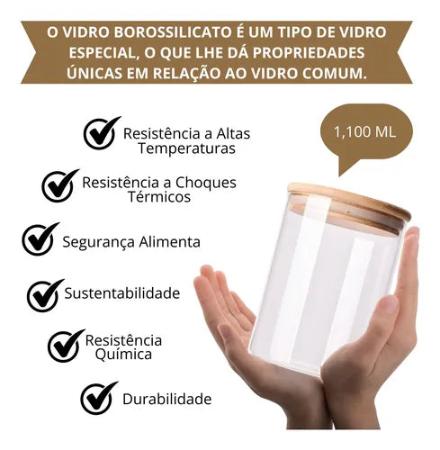 Jogo 2 Potes Vidro Hermético 1100ml Tampa Bambu