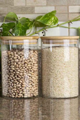 Kit 6 Potes Vidro Hermeticos Tampa de Bambu Porta Condimentos Cereais