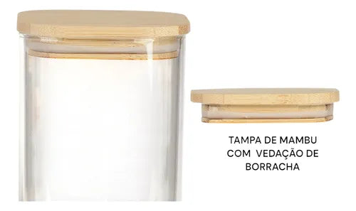 Pote Porta Mantimentos Quadrado Com Tampa De Bambu Kit Com 3
