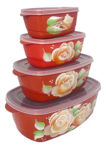 Kit Potes Decorado Hermético 4 Pçs Freezer Microondas Tampa Cor Vermelho Flor Laranja
