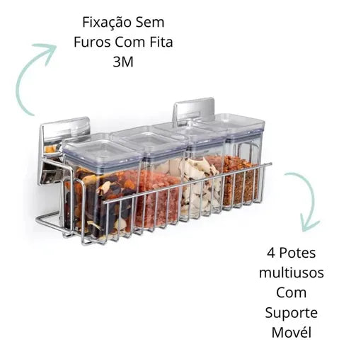Suporte Parede Cromado Com 4 Potes Herméticos 5321 - Arthi