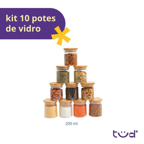 Kit 10 Potes De Vidro 200ml Tampa De Bambu Herméticos - Tüd Cor Nude