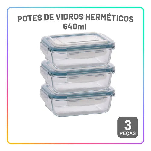 Pote De Vidro Hermético 3 640ml Empilháveis Com Tampa
