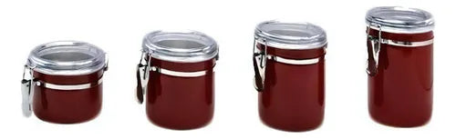 Jogo 4 Porta Mantimentos Vermelho Inox Hermético A7