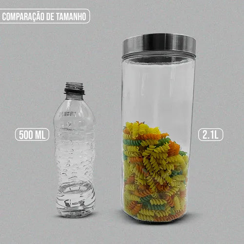 Jogo 3 Pote Vidro Liso 2100ml Tampa Aço Inox Rdeondo Grande