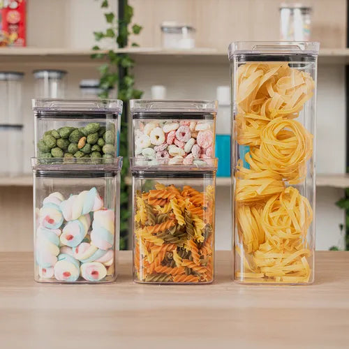 Kit Potes Porta Mantimento Hermético Quadrado Cozinha 5 Unidades Acrílico Livre De Bpa