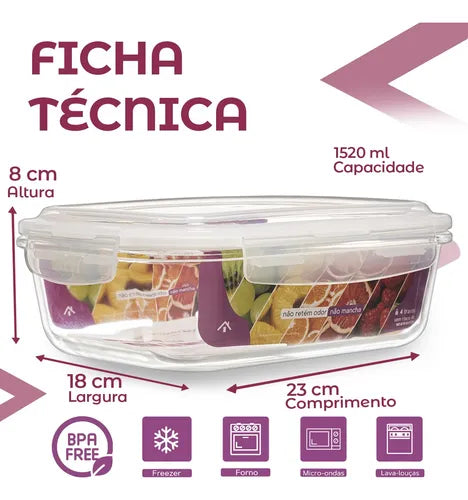 Kit 2 Potes Vidro Retangular 1520ml Hermético Reforçado
