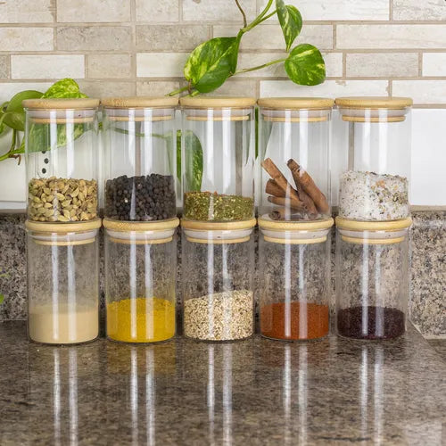 Kit 12 Potes Herméticos De Vidro Tampa De Bambu Alimentos Doces 300ml Condimentos Mantimentos