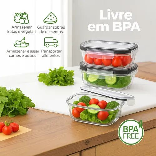 Pote Vidro Hermético Retangular Tampa Kit 10 Peças 450ml