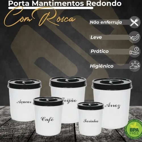 Kit Porta Mantimentos 5 Potes Redondo Porta Arroz Feijão Cor Preto