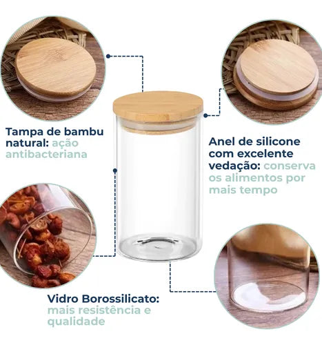 Kit 6 Potes Porta Mantimentos De Vidro Tampa De Bambu 150ml Transparente