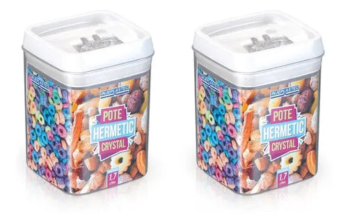 Kit 2 Potes Mantimento Cozinha 1,7l Hermetic C/ Tampa Trava Cor Transparente