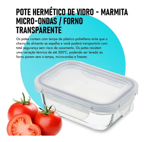 Kit 4 Potes 1040ml Hermético Vidro Marmita Com 4 Travas