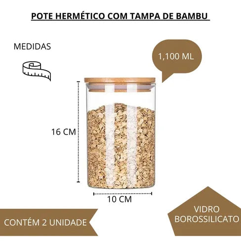 Jogo 2 Potes Vidro Hermético 1100ml Tampa Bambu