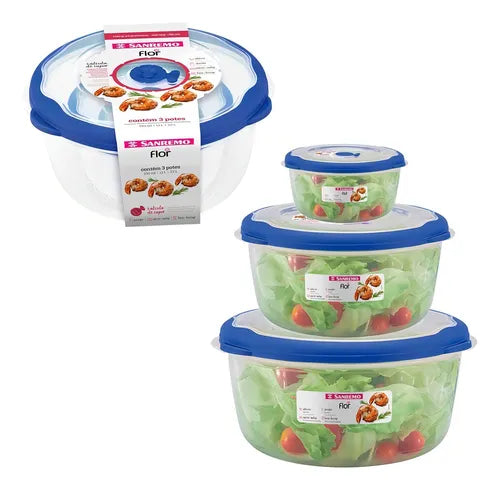 Conjunto De Potes Plásticos Redondos Herméticos Flor Azul 3p