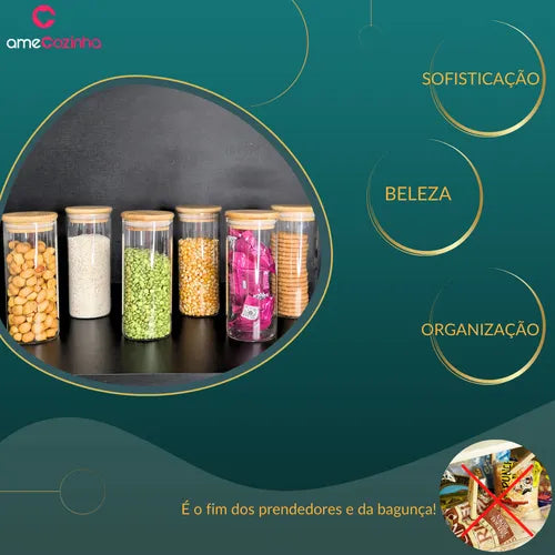 Pote Hermético Vidro Pote De Vidro Com Tampa De Bambu - 6uni