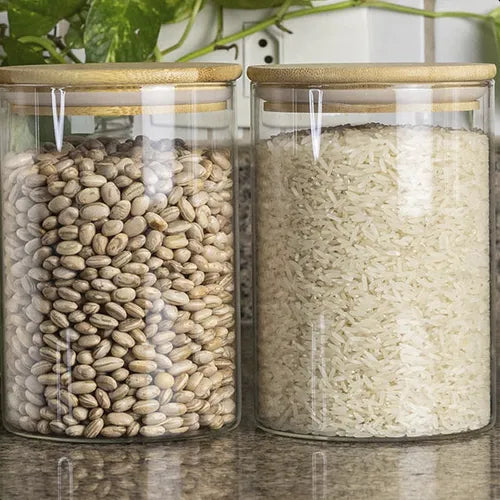 Kit 6 Potes Vidro Hermeticos Tampa de Bambu Porta Condimentos Cereais