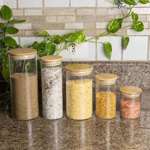 Kit 5 Potes De Vidro Herméticos Com Tampas De Bambu Diversos Tamanhos