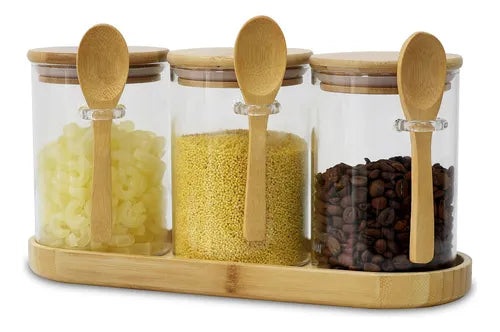 Conjunto Potes De Vidro Lumai 550ml Tampa Colher Com Bandeja Cor Transparente Organização Cozinha Porta Mantimentos Café Nescau Açucar Temperos